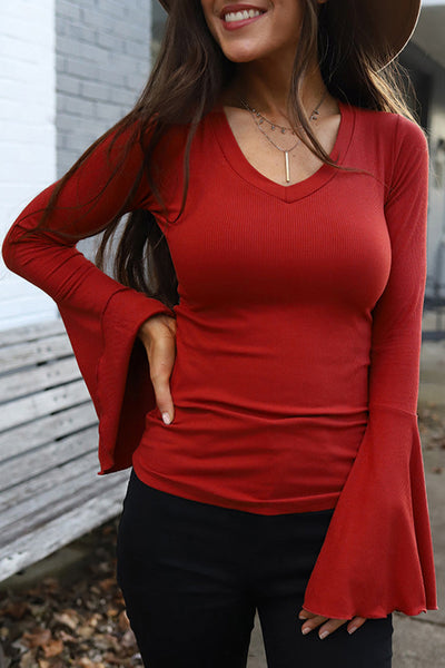 Women's Long sleeve rib knit shirt with bell sleeves
