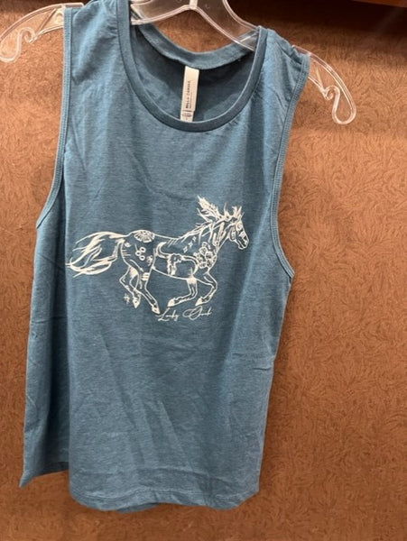 women's running horse blue tank