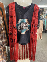 Women's crocheted rust colored vest with long fringe from Rock and Roll