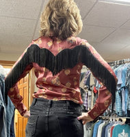 Women's "the rose" long sleeve snap front western shirt, with black fringe