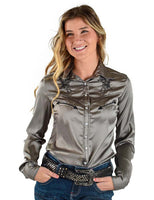 Cowgirl Tuff Silver, stretch satin, long sleeve top