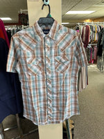 Men's short sleeve western, blue & lt. brown  plaid shirt by wrangler