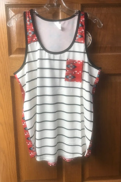 women's stripe front tank with red print back