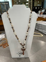 long white & copper beaded necklace