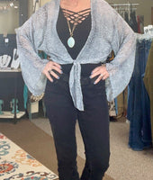 gray blue, with black polka dot, tie front coverup blouse