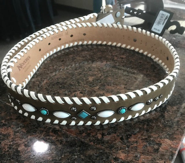 women's belt with white whip stitch