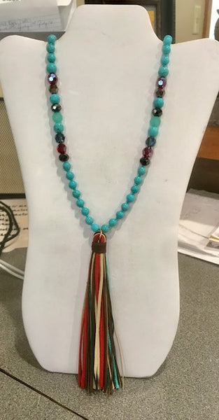 Turquiose beaded necklace with tassel