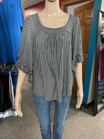 women's Charcoal and white striped blouse with 3/4 length bell sleeves
