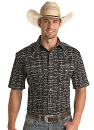 Men's short sleeve black western print shirt